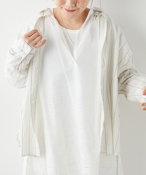PUAL CE CIN(ピュアルセシン)の「綿テンセルストライプブラウス(シャツ/ブラウス・レディース・ブルー/アイボリー/グレイッシュベージュ・FREE)」の1枚目の写真