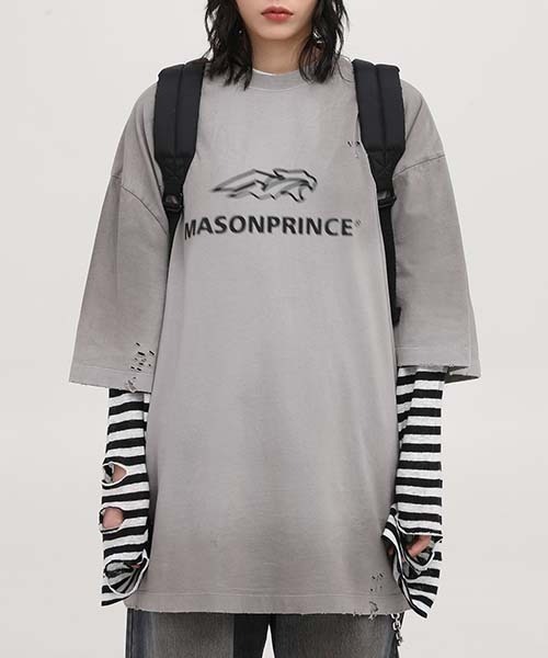 MASONPRINCE(メイソンプリンス)の「オーバーサイズヴィンテージ加工ブランドロゴダメージTシャツ TEE DT3110 【MASONPRINCE】(Tシャツ/カットソー・メンズ・グリーン/グレー/ホワイト/ブラック・S/M/L)」の3枚目の写真