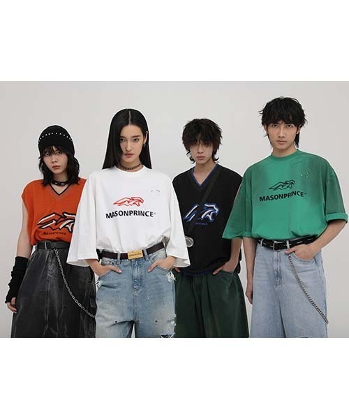 MASONPRINCE ロゴ プリント Ｔシャツ ヴィンテージ キュート オーバーサイズヴィンテージ加工ブランドロゴダメージTシャツ