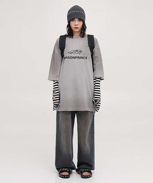 MASONPRINCE ロゴプリント Ｔシャツ ヴィンテージ ダメージ 男女 オーバーサイズ ヴィンテージ加工2重プリントTシャツ DT4118