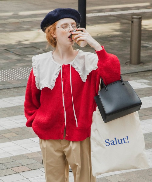 BONLECILL(ボンルシール)の「ボリュームスリーブ畦編みニットカーディガン(カーディガン/ボレロ・レディース・ブラック/レッド/ピンク/ブルー/グリーン/アイボリー/ブラウン/ブラック系1・FREE)」の11枚目の写真