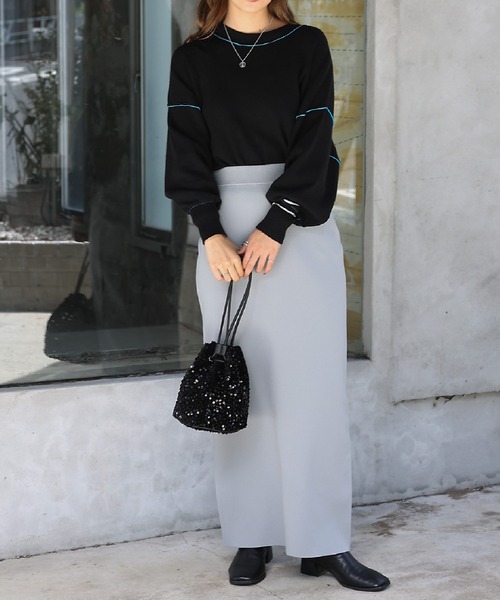 COLONY 2139（コロニートゥーワンスリーナイン）の「-3kg見え！エステルヤーンペンシルスカート（スカート・レディース・ブラック/オレンジ/モカ/カーキ/ネイビー/グレイッシュベージュ/ベージュ/ダークグリーン/レッド/グレー/ブラウン/ライム/ピンク/オフホワイト/チャコールグレー/ブルー/パープル/ライトグレー/ダークブラウン/サックスブルー/ブラウン系その他・MEDIUM/LARGE/SHORT/X-SMALL）」の22枚目の写真