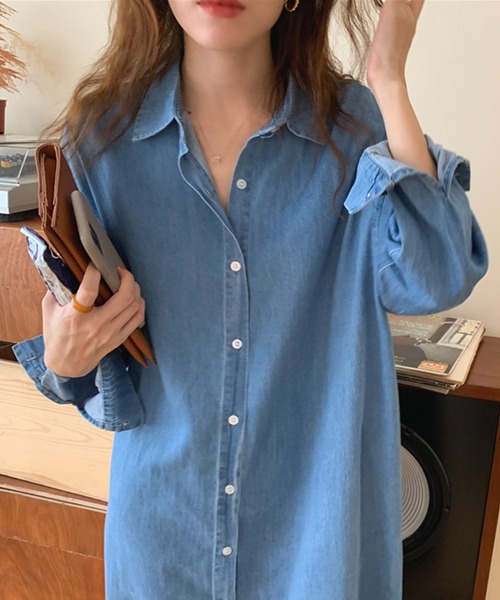 DAY CLOSET(デイ クローゼット)の「レディース 長袖スリットストレートデニムシャツワンピース(シャツワンピース・レディース・ブルー・ONE SIZE)」の5枚目の写真