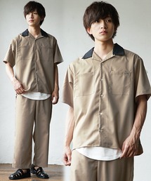 【MinoriTY】夏素材TRPUシャツセットアップ クレリックオープンカラー半袖シャツ+ワイドパンツ スラックス メンズ 夏服【2点セット】