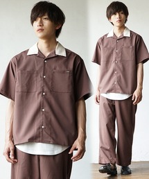 【MinoriTY】夏素材TRPUシャツセットアップ クレリックオープンカラー半袖シャツ+ワイドパンツ スラックス メンズ 夏服【2点セット】