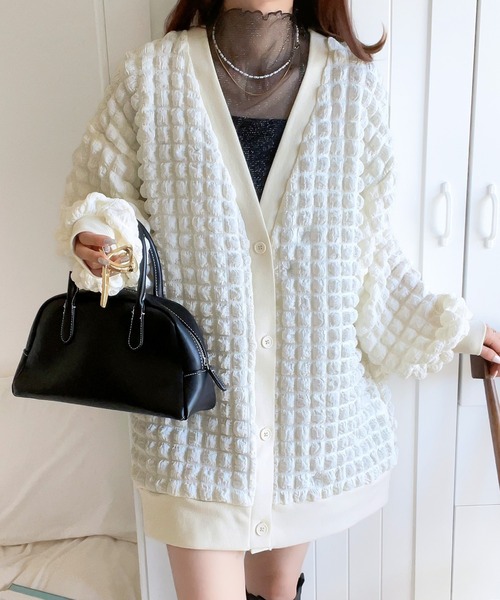 mily bilet(ミウィビレット)の「【mily bilet】ゆるっとしたシルエットが可愛い ぽこぽこ2wayカーディガン(カーディガン/ボレロ・レディース・モカ/アイボリー/ブラック・MEDIUM/LARGE/SMALL/X-LARGE)」の12枚目の写真