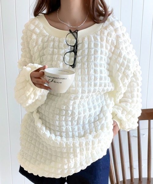 mily bilet(ミウィビレット)の「【mily bilet】ゆるっとしたシルエットが可愛い ぽこぽこ2wayカーディガン(カーディガン/ボレロ・レディース・モカ/アイボリー/ブラック・MEDIUM/LARGE/SMALL/X-LARGE)」の4枚目の写真