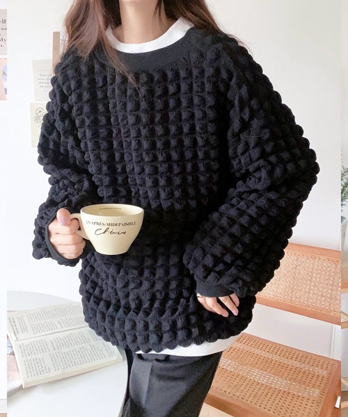 mily bilet(ミウィビレット)の「【mily bilet】ゆるっとしたシルエットが可愛い ぽこぽこ2wayカーディガン(カーディガン/ボレロ・レディース・モカ/アイボリー/ブラック・MEDIUM/LARGE/SMALL/X-LARGE)」の7枚目の写真