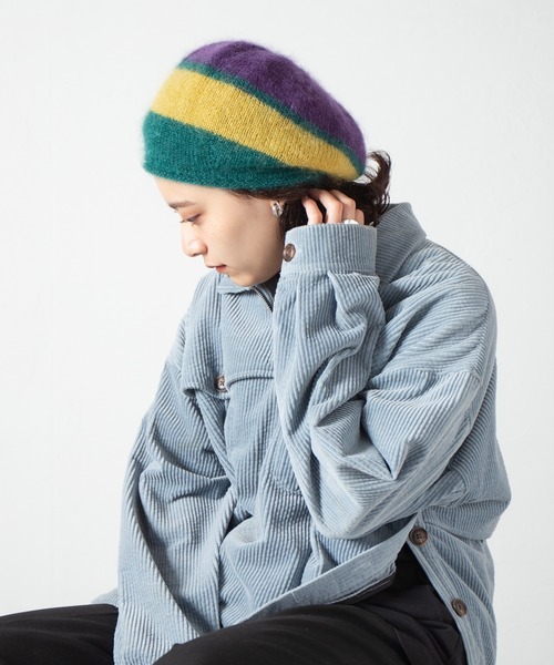 RACAL（ラカル）の「Stripe Mohair Knit Tam Beret / ボーダー切り替えモヘアニットタムベレー（ニットキャップ/ビーニー・レディース・ブラック系その他/チャコールグレー/ブラック/ブルー系その他/グリーン系その他・FREE）」の4枚目の写真