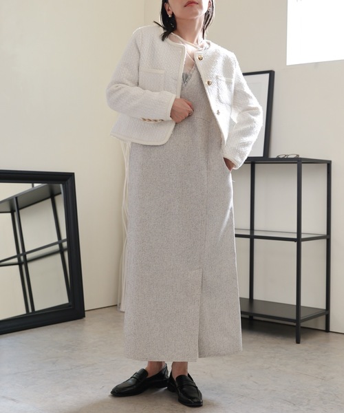 【美品✨】Deuxieme Classe ノーカラーツイードジャケット　金釦　S ドゥーズィエムクラス♡ツイード ジャケットコート 金ボタン