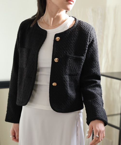 極美品 ichi 金ボタン ノーカラー ツイードジャケット 完売品 フリーサイズ Re:EDIT 金ボタンノーカラーツイードジャケット -靴