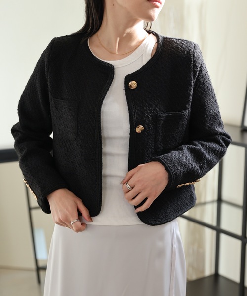 【美品✨】Deuxieme Classe ノーカラーツイードジャケット　金釦　S SHOO・LA・RUE ジャケット ノーカラージャケット ノーカラー 金