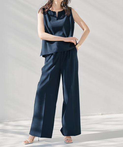 RANAN（ラナン）の「ひんやり！キーネックブラウス×パンツセットアップ（その他パンツ・レディース・ベージュ/ネイビー・M/L/LL）」の2枚目の写真