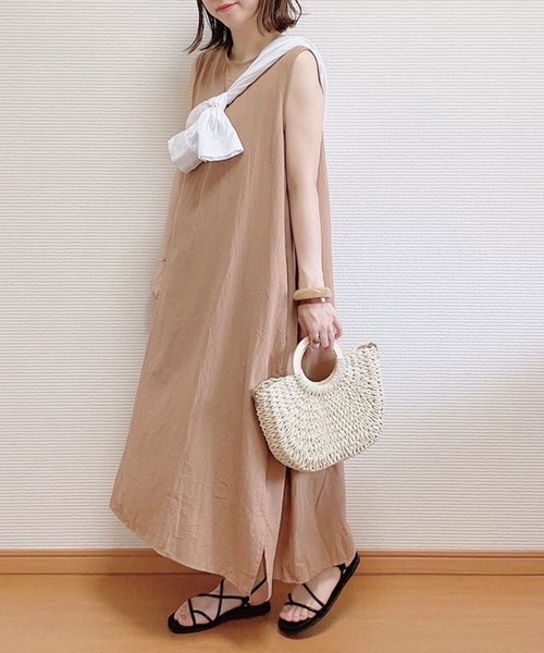 ワンピース ラウンドネック ノースリーブ Aライン 2colors S/XL セール】リネンミックス ラウンドネック ノースリーブロング