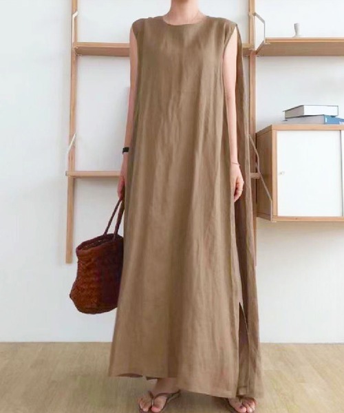 セザンヌ リネン ノースリーブ ロングドレス マキシ ワンピース セール】リネンミックス ラウンドネック ノースリーブロング