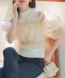 KOBE LETTUCE | オーガンジーオフショルブラウス×ノースリーブニットトップスセット(シャツ/ブラウス)