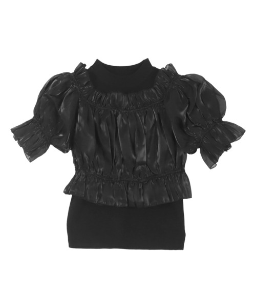 KOBE LETTUCE（コウベレタス）の「オーガンジーオフショルブラウス×ノースリーブニットトップスセット（シャツ/ブラウス・レディース・ブラック/オフホワイト・M）」の14枚目の写真