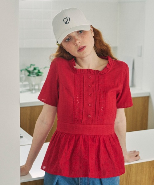idem(イデム)の「peplum cotton blouse/コットンペプラムブラウス(シャツ/ブラウス・レディース・レッド/オフホワイト・FREE)」の13枚目の写真