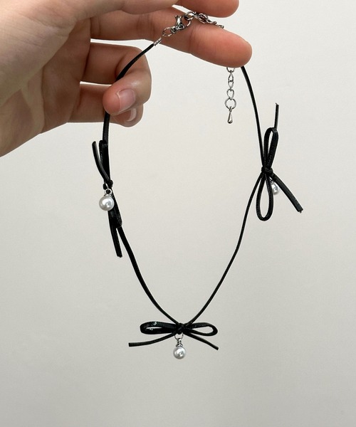 【レザーのチェーン風リボン♢】CHANEL *ネックレス CHANEL VINTAGE CHAIN NECKLACE LEATHER RIBBON RHINESTONE