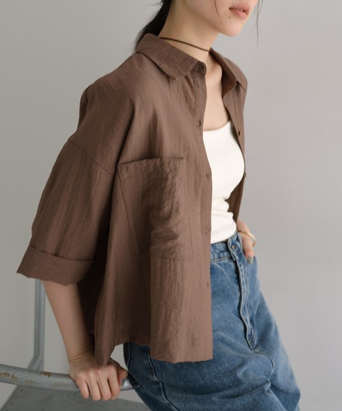 新色追加】ショート丈リネンブレンドシアーシャツブラウス（シャツ