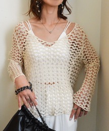 styiro（スタイロ）の「ハートレース透かし編みサマーニット メッシュ ロングスリーブトップス（ニット/セーター）」