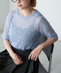 【forksy.】フラワーレースシアー半袖トップス