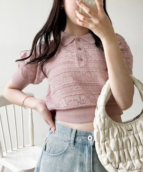 one after another NICE CLAUP（ワンアフターアナザーナイスクラップ）の「リボンジャガードニットポロ（ポロシャツ・レディース・ピンク/オフホワイト/ブラック・FREE）」の4枚目の写真