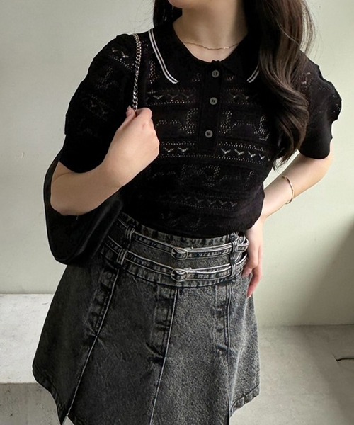 one after another NICE CLAUP（ワンアフターアナザーナイスクラップ）の「リボンジャガードニットポロ（ポロシャツ・レディース・ピンク/オフホワイト/ブラック・FREE）」の18枚目の写真