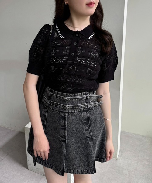 one after another NICE CLAUP（ワンアフターアナザーナイスクラップ）の「リボンジャガードニットポロ（ポロシャツ・レディース・ピンク/オフホワイト/ブラック・FREE）」の19枚目の写真