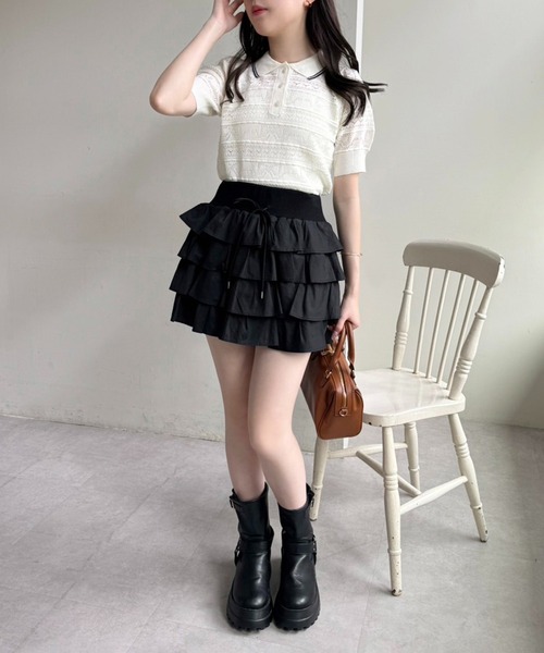 one after another NICE CLAUP（ワンアフターアナザーナイスクラップ）の「リボンジャガードニットポロ（ポロシャツ・レディース・ピンク/オフホワイト/ブラック・FREE）」の11枚目の写真