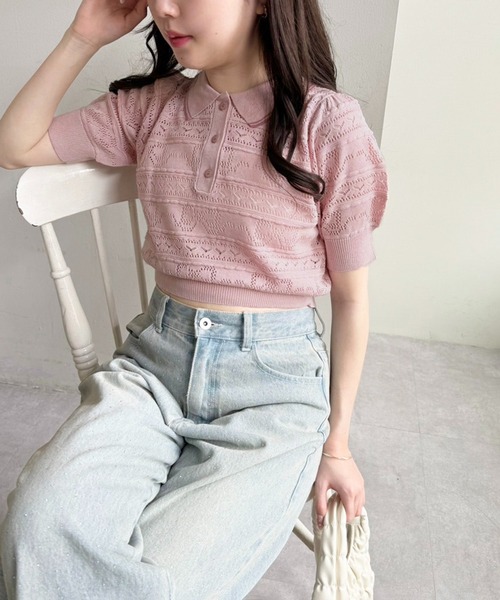 one after another NICE CLAUP（ワンアフターアナザーナイスクラップ）の「リボンジャガードニットポロ（ポロシャツ・レディース・ピンク/オフホワイト/ブラック・FREE）」の10枚目の写真