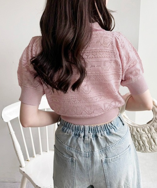 one after another NICE CLAUP（ワンアフターアナザーナイスクラップ）の「リボンジャガードニットポロ（ポロシャツ・レディース・ピンク/オフホワイト/ブラック・FREE）」の6枚目の写真