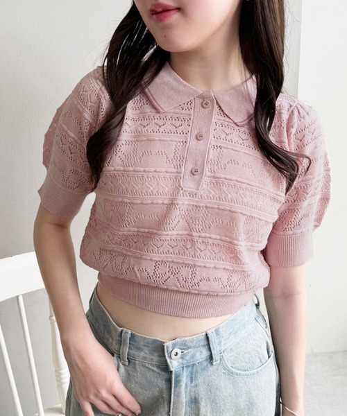 one after another NICE CLAUP（ワンアフターアナザーナイスクラップ）の「リボンジャガードニットポロ（ポロシャツ・レディース・ピンク/オフホワイト/ブラック・FREE）」の5枚目の写真