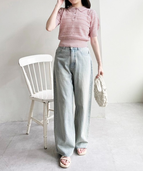 one after another NICE CLAUP（ワンアフターアナザーナイスクラップ）の「リボンジャガードニットポロ（ポロシャツ・レディース・ピンク/オフホワイト/ブラック・FREE）」の7枚目の写真