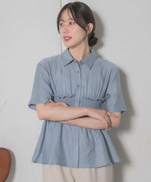 RETRO GIRL（レトロガール）の「ギャザードッキング半袖SH（シャツ/ブラウス・レディース・オフホワイト/ブルー/ブラウン・FREE）」の12枚目の写真