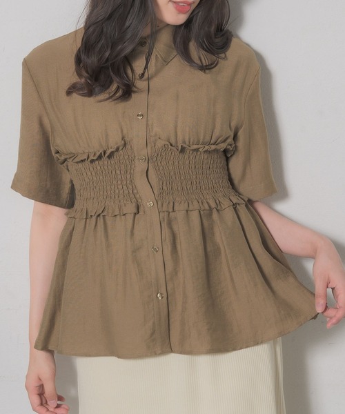 RETRO GIRL（レトロガール）の「ギャザードッキング半袖SH（シャツ/ブラウス・レディース・オフホワイト/ブルー/ブラウン・FREE）」の2枚目の写真