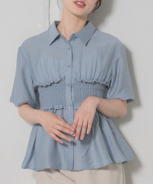 RETRO GIRL（レトロガール）の「ギャザードッキング半袖SH（シャツ/ブラウス・レディース・オフホワイト/ブルー/ブラウン・FREE）」の3枚目の写真