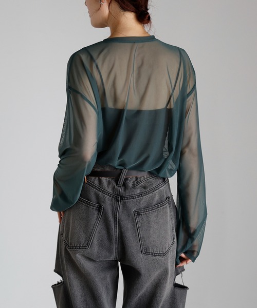 r.(アールドット)の「パワーメッシュ オーバーサイズロンT(Tシャツ/カットソー・レディース・アイボリー/ブラック/オフホワイト/グレー/ブラウン/グリーン・FREE)」の7枚目の写真