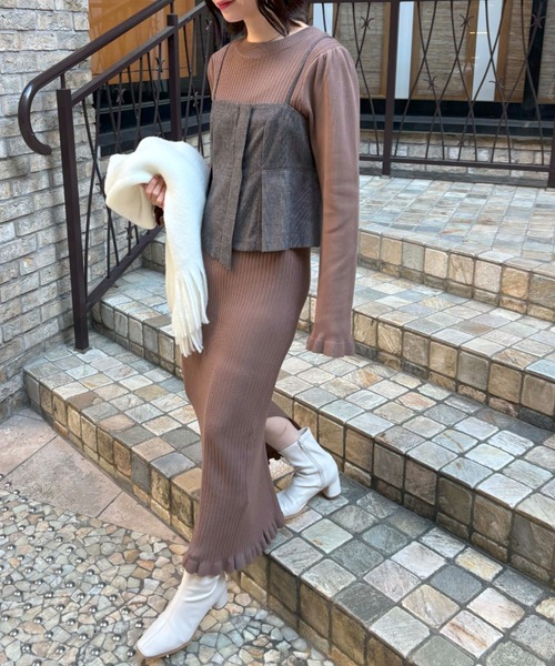 VIS（ビス）の「【SET】ビスチェセット裾ミニフリルリブニットワンピース（ワンピース・レディース・ベージュ/ブラウン/ブラック系その他・FREE）」の3枚目の写真