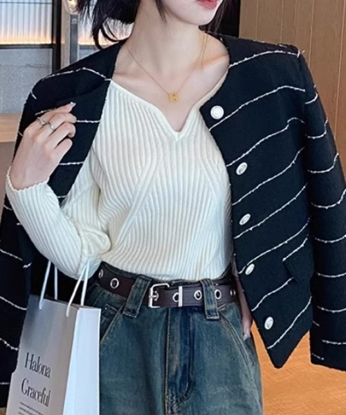 COCOMOMO（ココモモ）の「大人キレイめ キーネックリブニット（ニット/セーター・レディース・ブラック/アイボリー/ダークブラウン/ホワイト/ライトブラウン/グレー・FREE）」の7枚目の写真
