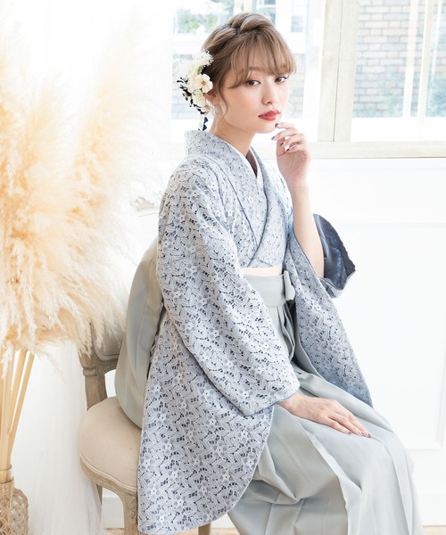 SOUBIEN（ソウビエン）の「レース生地が優美なレディース袴4点セット （着物・襦袢・下帯・袴）（着物・レディース・ネイビー系/グレー系その他/ブラック系3/ピンク系/ブラック系/ブラック系1/ブラック系2・M/S/SS/LL/L）」の5枚目の写真