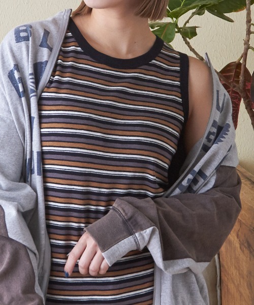 CUBE SUGAR（キューブシュガー）の「ショートスラブフライスボーダータンクトップ（タンクトップ・レディース・カーキ/ベージュ/ブラック/ネイビー系/オレンジ系その他/ブラック系その他・M）」の3枚目の写真