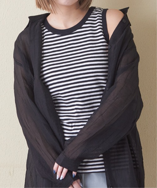 CUBE SUGAR（キューブシュガー）の「ショートスラブフライスボーダータンクトップ（タンクトップ・レディース・カーキ/ベージュ/ブラック/ネイビー系/オレンジ系その他/ブラック系その他・M）」の2枚目の写真