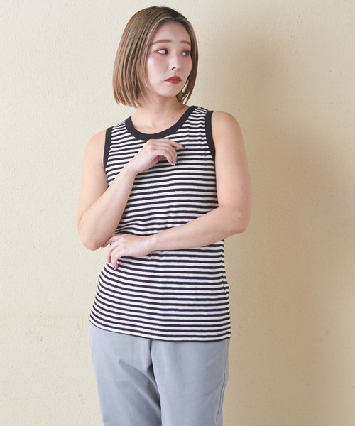 CUBE SUGAR（キューブシュガー）の「ショートスラブフライスボーダータンクトップ（タンクトップ・レディース・カーキ/ベージュ/ブラック/ネイビー系/オレンジ系その他/ブラック系その他・M）」の9枚目の写真
