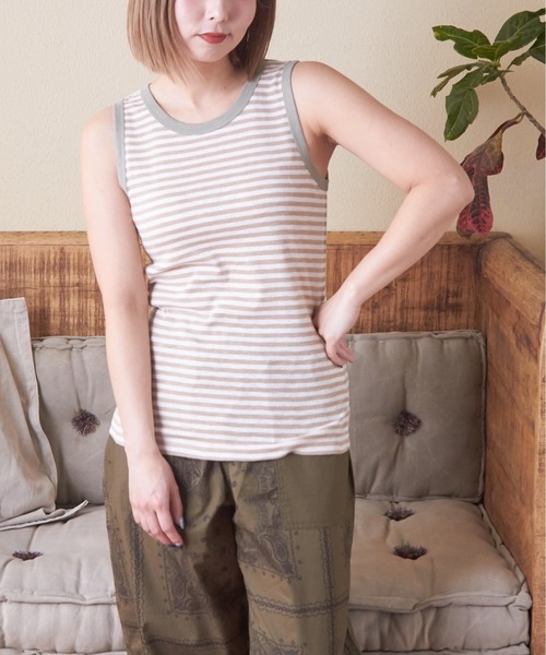 CUBE SUGAR（キューブシュガー）の「ショートスラブフライスボーダータンクトップ（タンクトップ・レディース・カーキ/ベージュ/ブラック/ネイビー系/オレンジ系その他/ブラック系その他・M）」の13枚目の写真