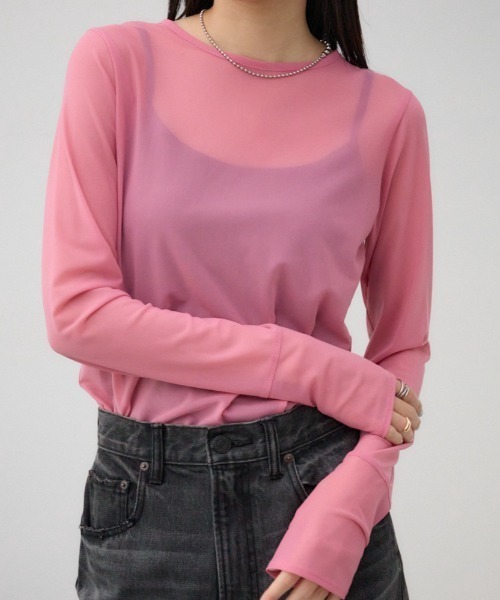 AZUL by moussy(アズールバイマウジー)の「バックスリットシアーロングトップス(Tシャツ/カットソー・レディース・ピンク/ライトグレー/アイボリー/ブラック・FREE)」の1枚目の写真
