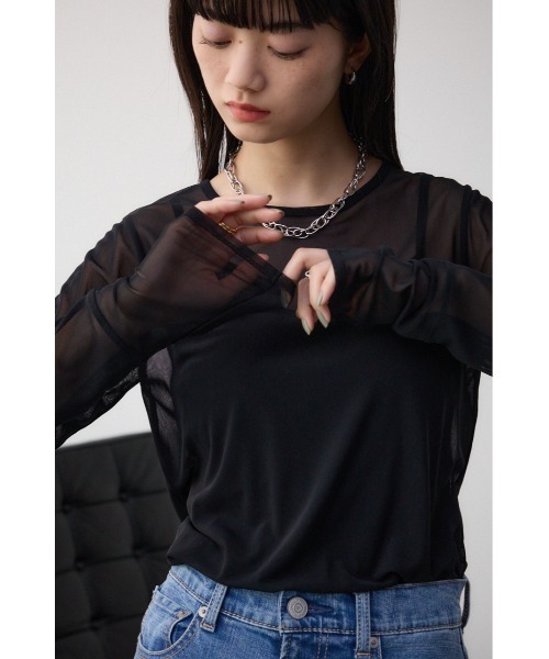 AZUL by moussy(アズールバイマウジー)の「バックスリットシアーロングトップス(Tシャツ/カットソー・レディース・ピンク/ライトグレー/アイボリー/ブラック・FREE)」の16枚目の写真