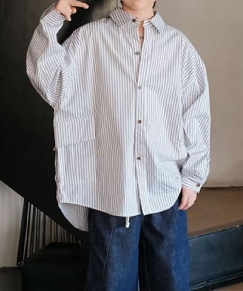 aimoha(アイモハ)の「【aimoha KIDS】キッズフラップポケット付きストライプシャツ(シャツ/ブラウス・キッズ・ライトグレー・120/150/140/130/110)」の5枚目の写真