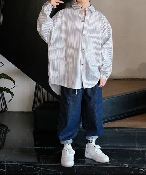 aimoha(アイモハ)の「【aimoha KIDS】キッズフラップポケット付きストライプシャツ(シャツ/ブラウス・キッズ・ライトグレー・120/150/140/130/110)」の4枚目の写真