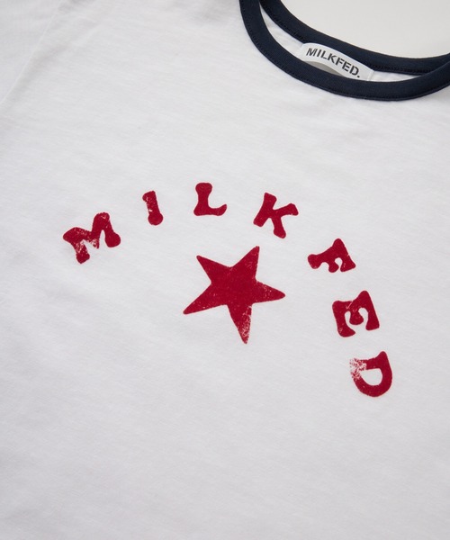 ミルクフェド レディース 半袖Tシャツ リンガーTシャツ トップス おすすめ ブランド | MILKFED. LOGO AND STAR FLOCKY PRINT RINGER TEE【103252013003】 爆買 MILKFED. tシャツ LOGO AND STAR FLOCKY PRINT RINGER TEE